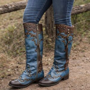 Washed Blue Western Knee High Boots Studded Tassel Mid Heel Size 41Women's US 10